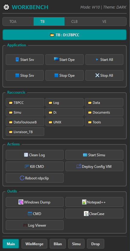 Interface de l'outil Workbench regroupant les actions répétitives du projet